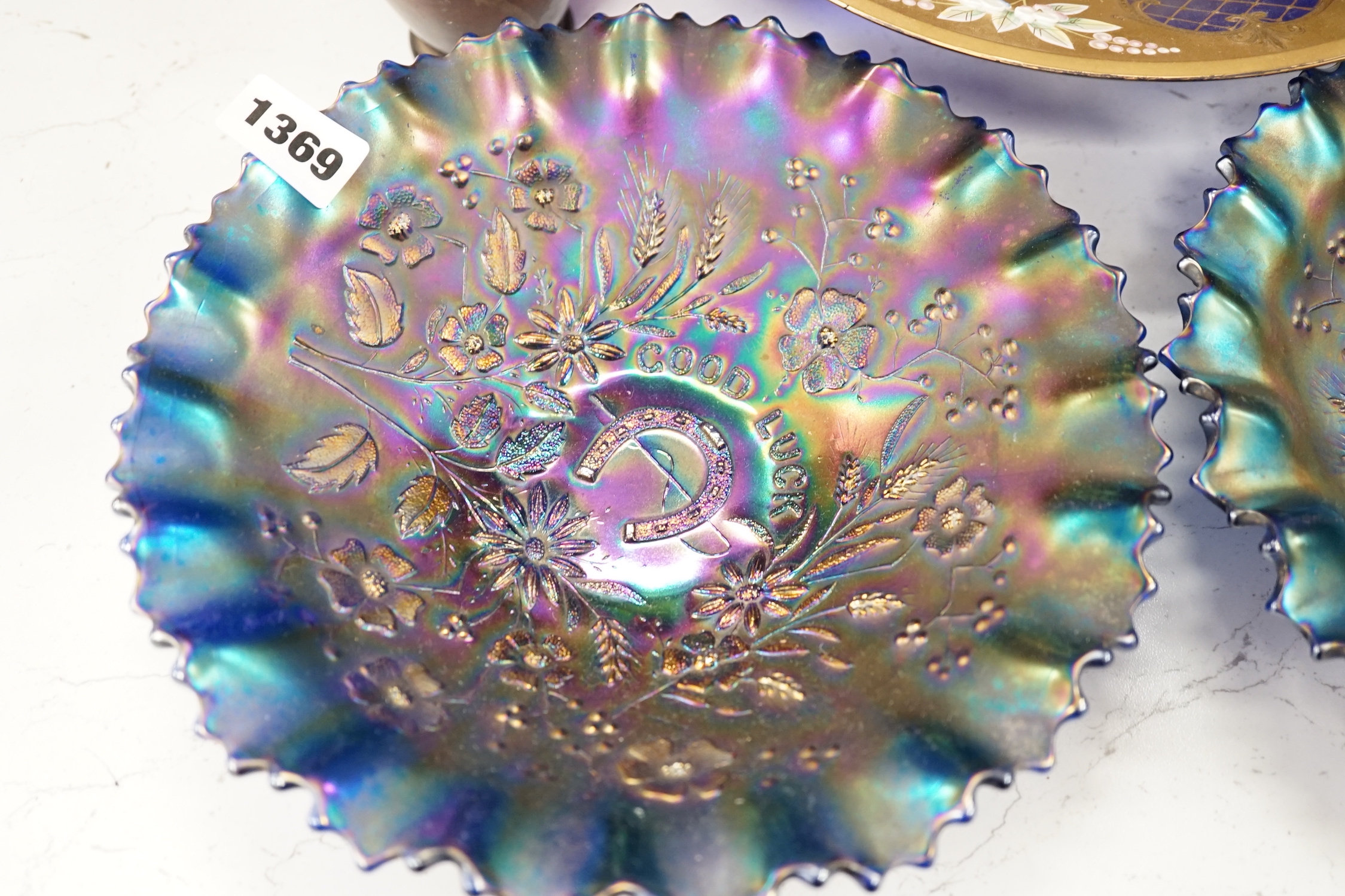 A quantity of enamelled and painted glassware and two carnival glass dishes